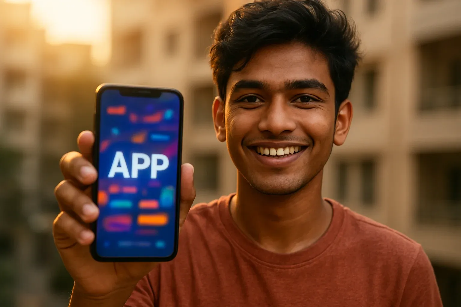 Smiling young Bangladeshi man holding smartphone with glowing gaming app screen