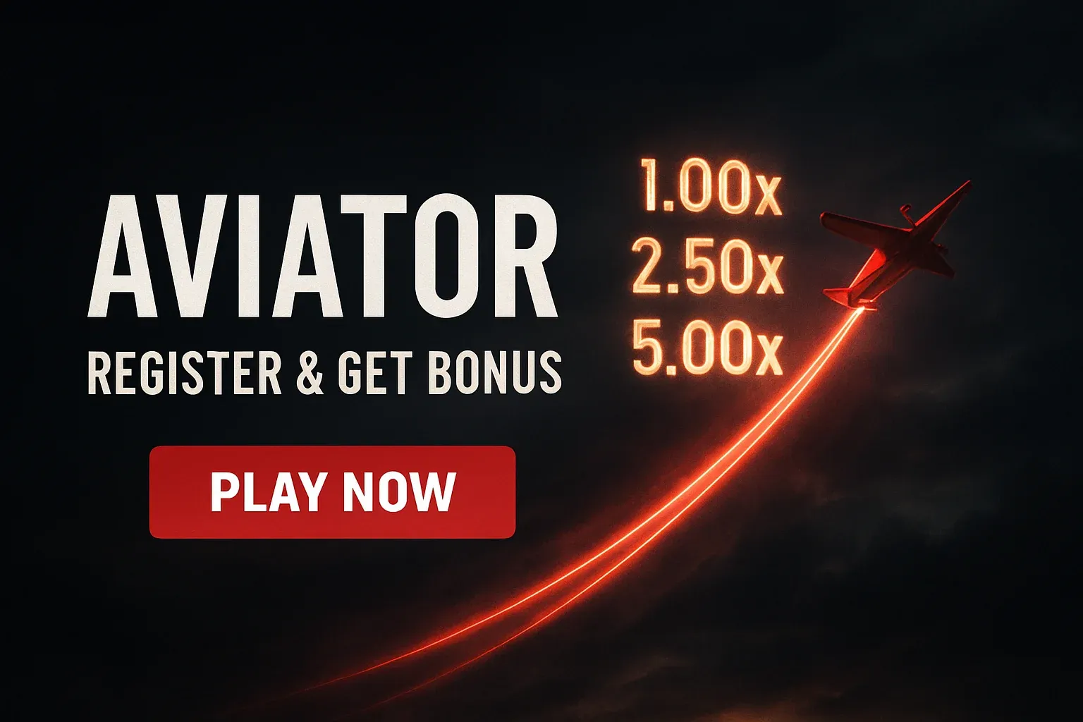 Aviator crash game banner with red plane, multipliers, and play button