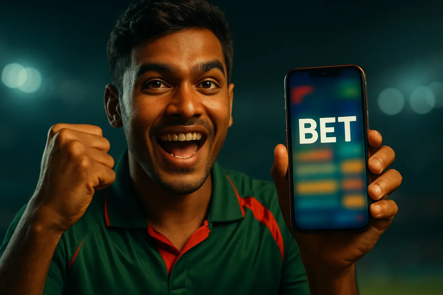 Excited Bangladeshi man holding smartphone with sports betting screen saying BET