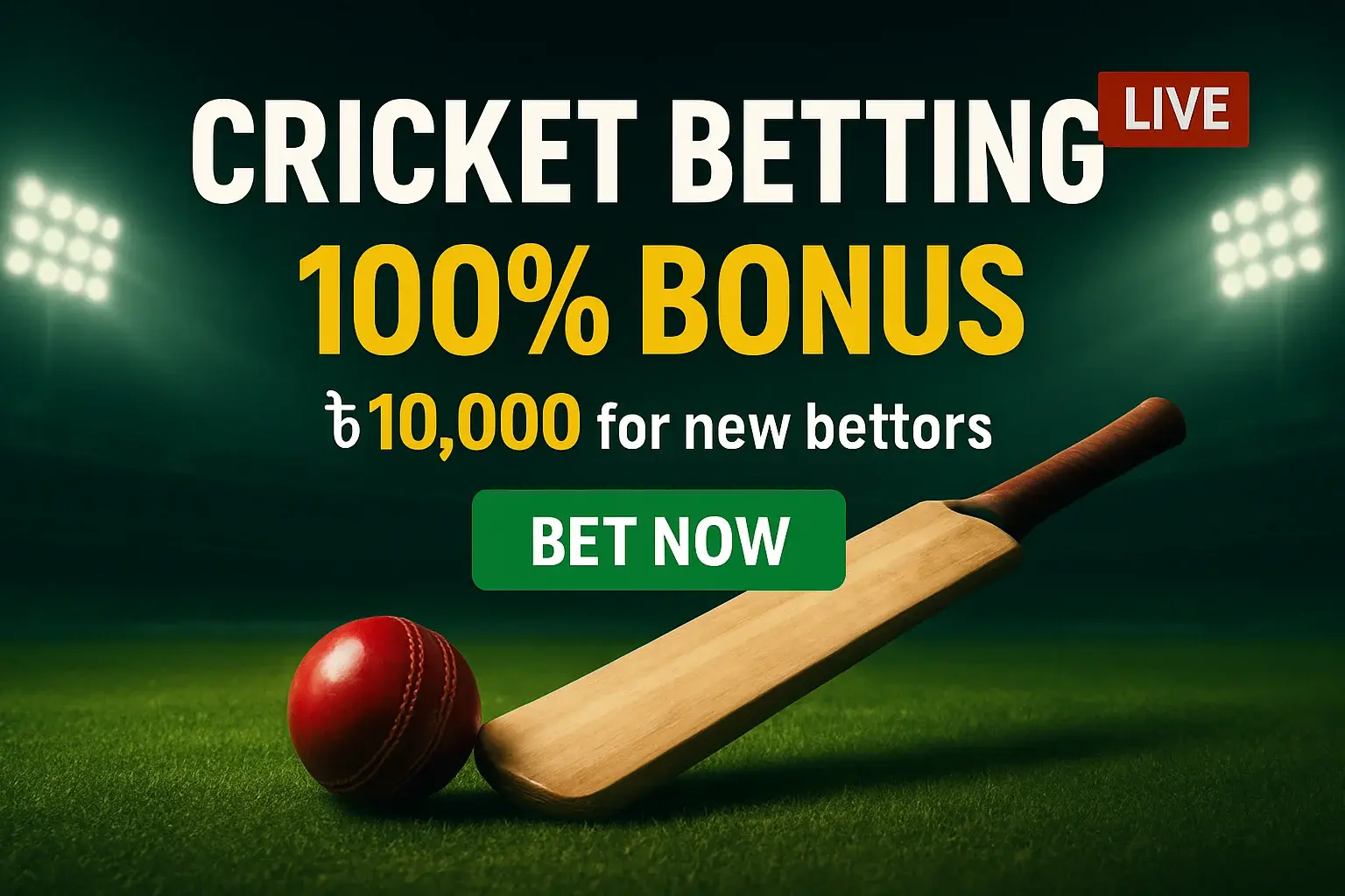 Cricket betting banner with stadium, bat, ball, bonus offer and CTA