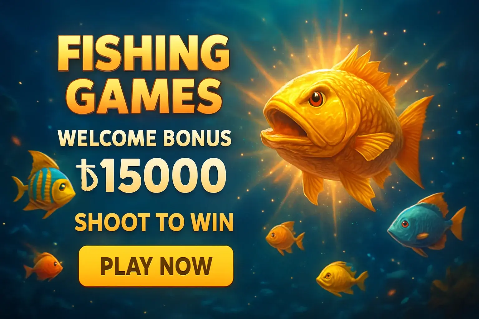 Fishing arcade banner with boss fish, bonus offer, and play button
