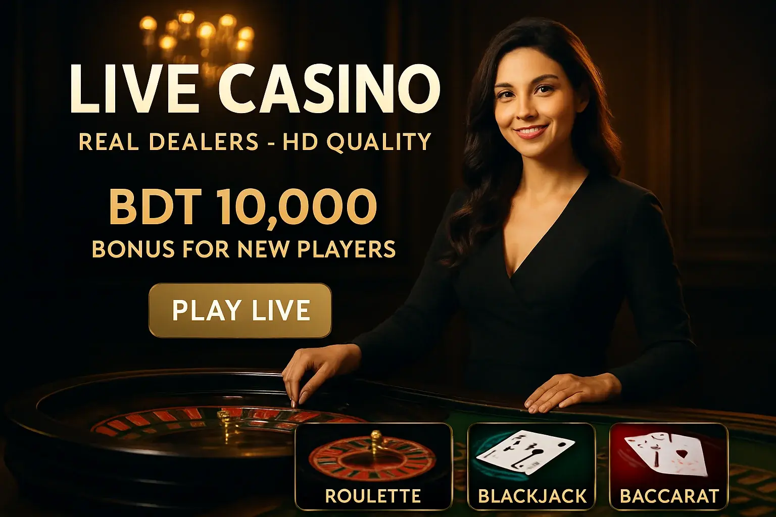 Luxury live casino banner with female dealer, roulette, Bangladesh bonus offer