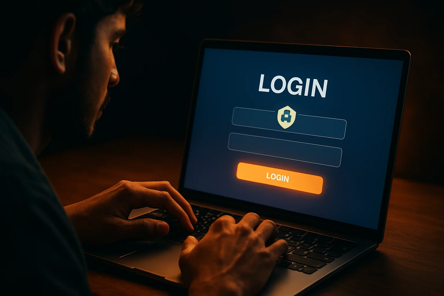 Young Bangladeshi man's hands on laptop showing glowing login screen