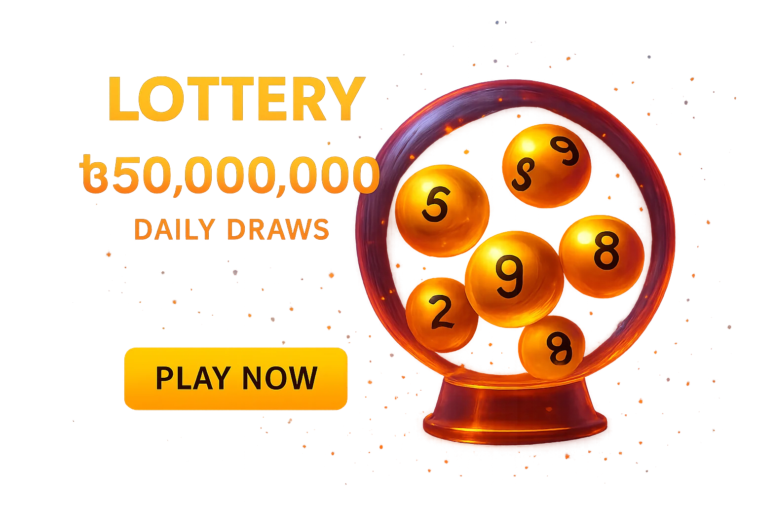 Golden lottery balls tumbling in transparent draw machine promotional banner