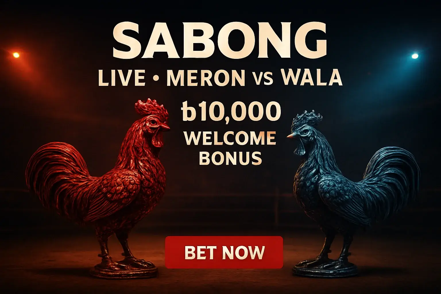Live sabong banner with decorative rooster figurines and bonus offer