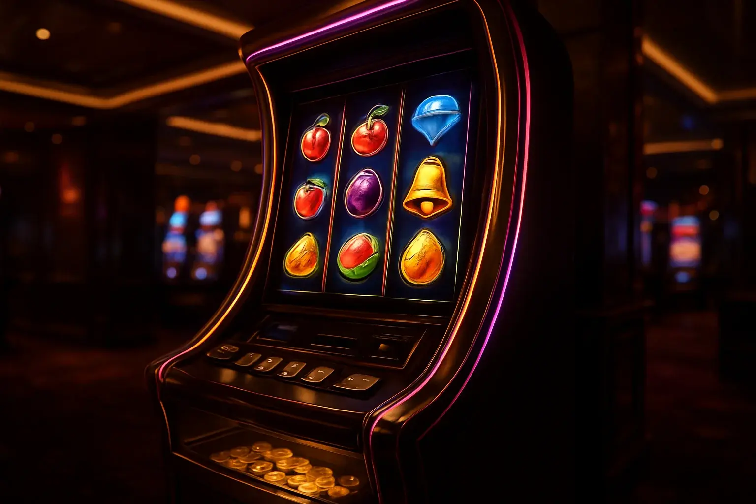 Hyperrealistic premium slot machine with glowing reels in luxury casino